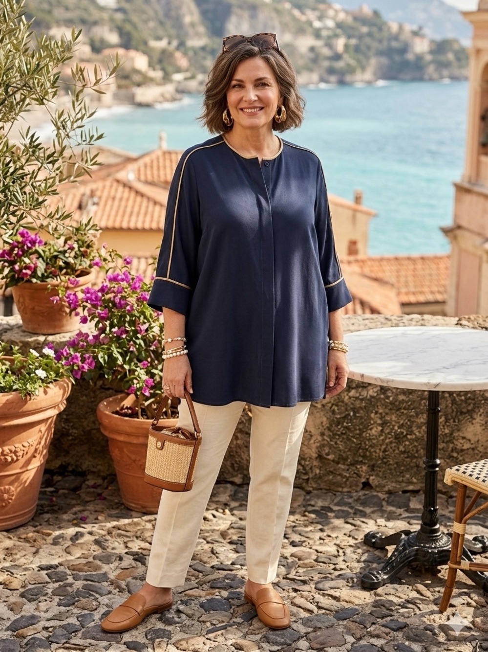 NWT Marina Rinaldi Fantasia Navy Tunic Blouse Contrast Trim Size 23 US 14
